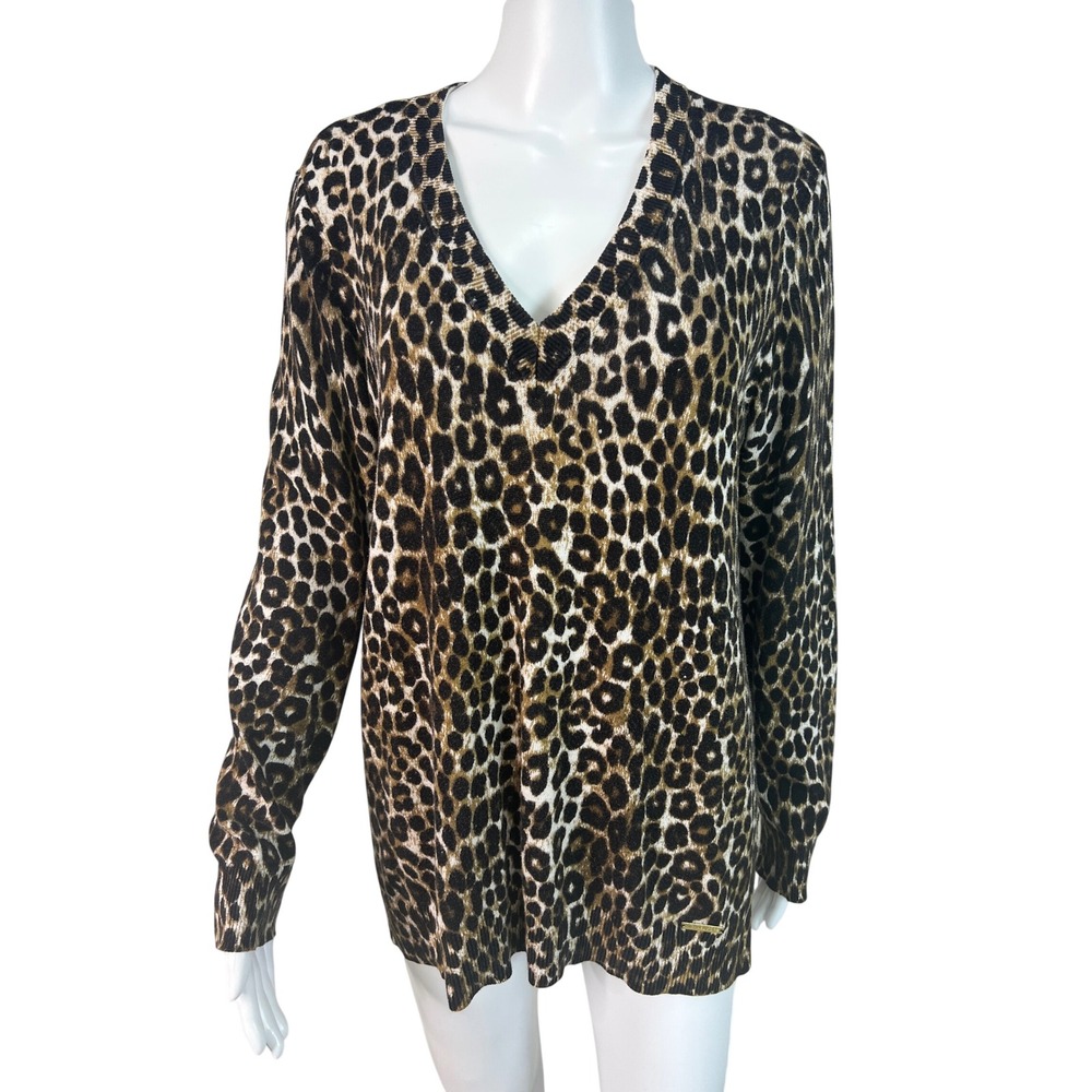Michael Kors Womens Sweater Leopard Print V-Neck Brown Black Granny Chic Size L